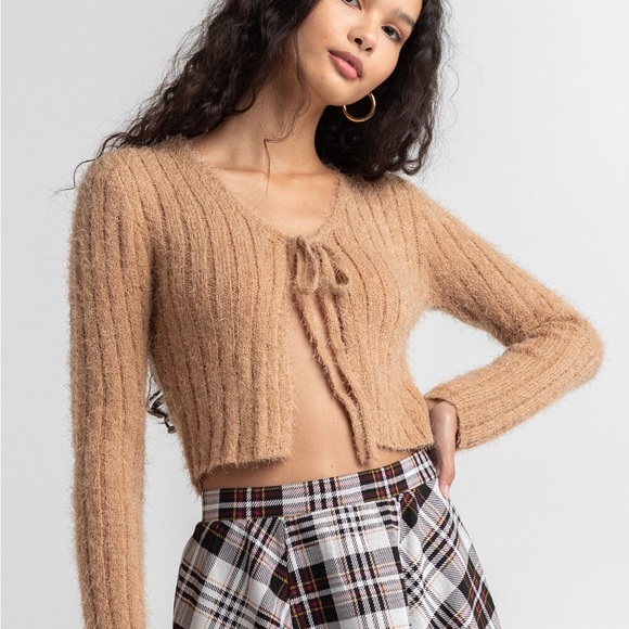 💗GET 20% OFF💗 NWT Tilly’s FULL CIRCLE TRENDS Tie Front Womens Cardigan Tan - Picture 4 of 7